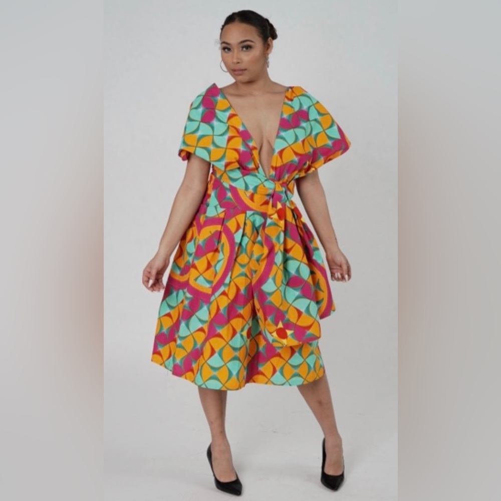 Orange Multicolor Handmade Cotton Infinity Midi Dress
